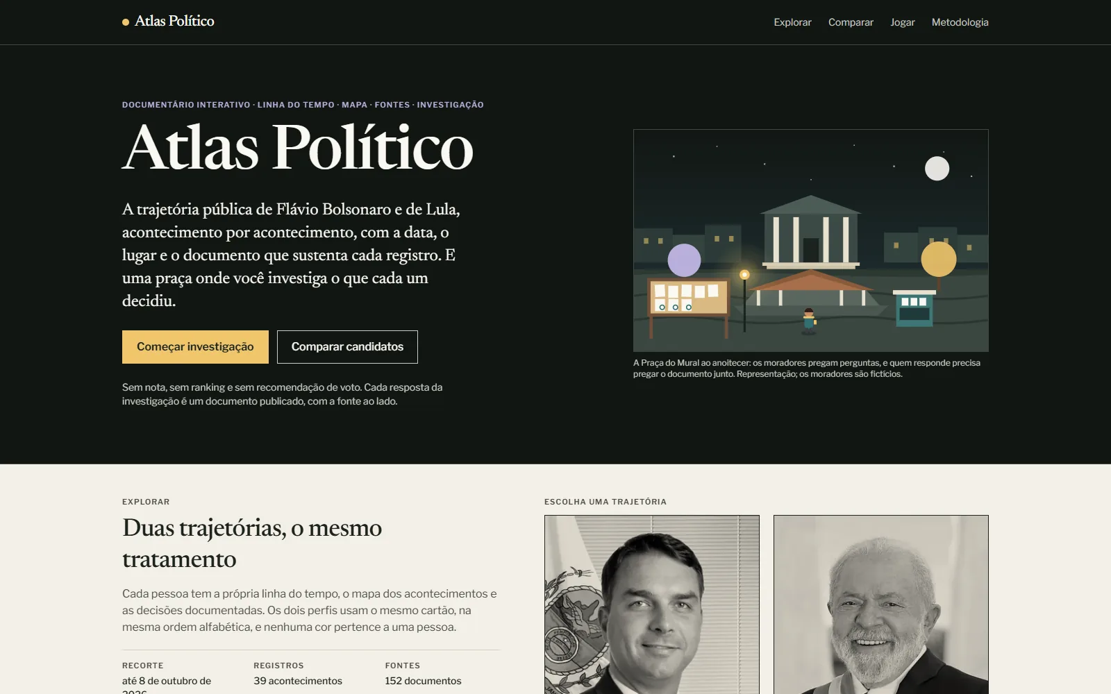 Página inicial do Atlas Político, com a chamada para começar a investigação e a Praça do Mural ao anoitecer