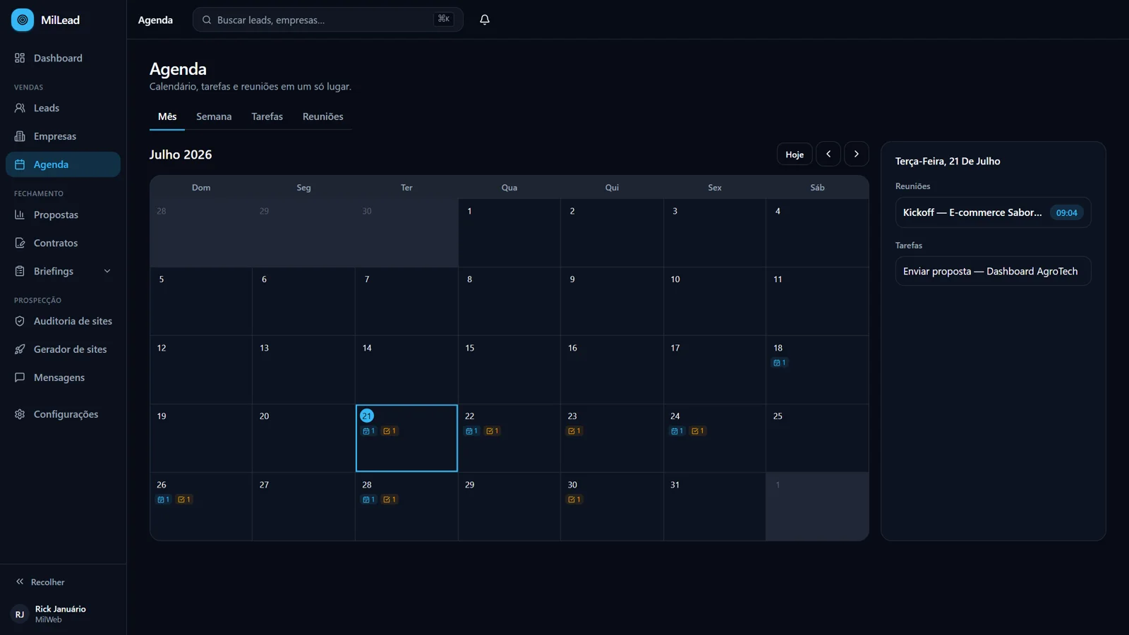 Agenda: calendário mensal com reuniões e tarefas + painel do dia (dados de demonstração)