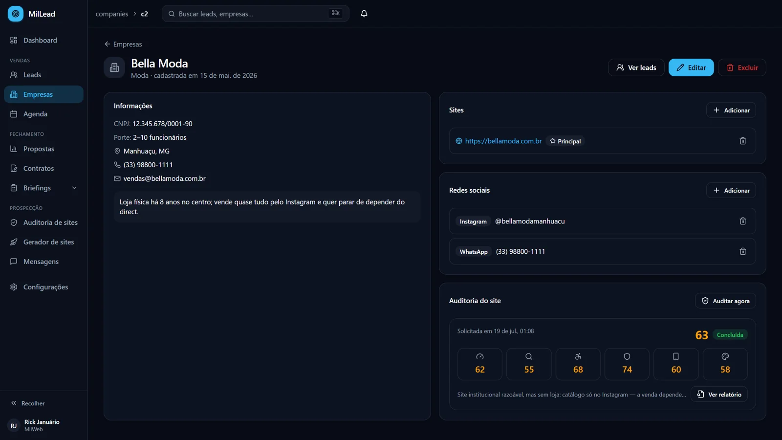 Detalhe da empresa: cadastro, sites, redes sociais e auditoria embutida (dados de demonstração)
