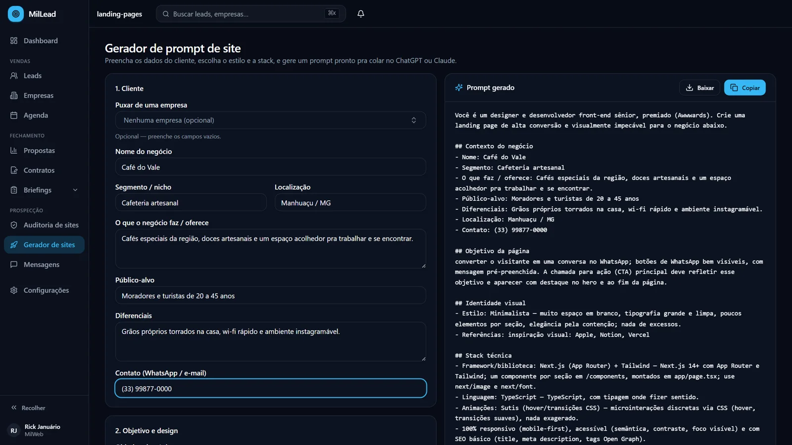 Gerador de prompt de site: dados do cliente viram um prompt pronto pra IA (dados de demonstração)
