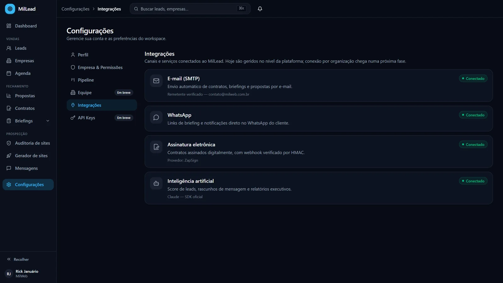 Integrações da plataforma: e-mail, WhatsApp, assinatura eletrônica e IA (dados de demonstração)