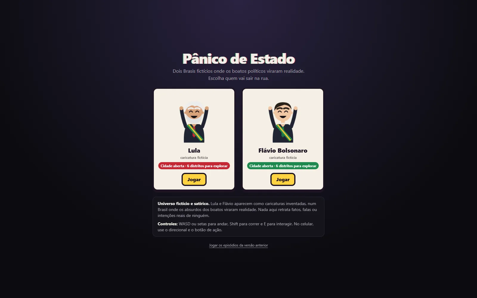 Tela de escolha: Lula ou Flávio Bolsonaro como caricaturas fictícias, com o aviso de sátira