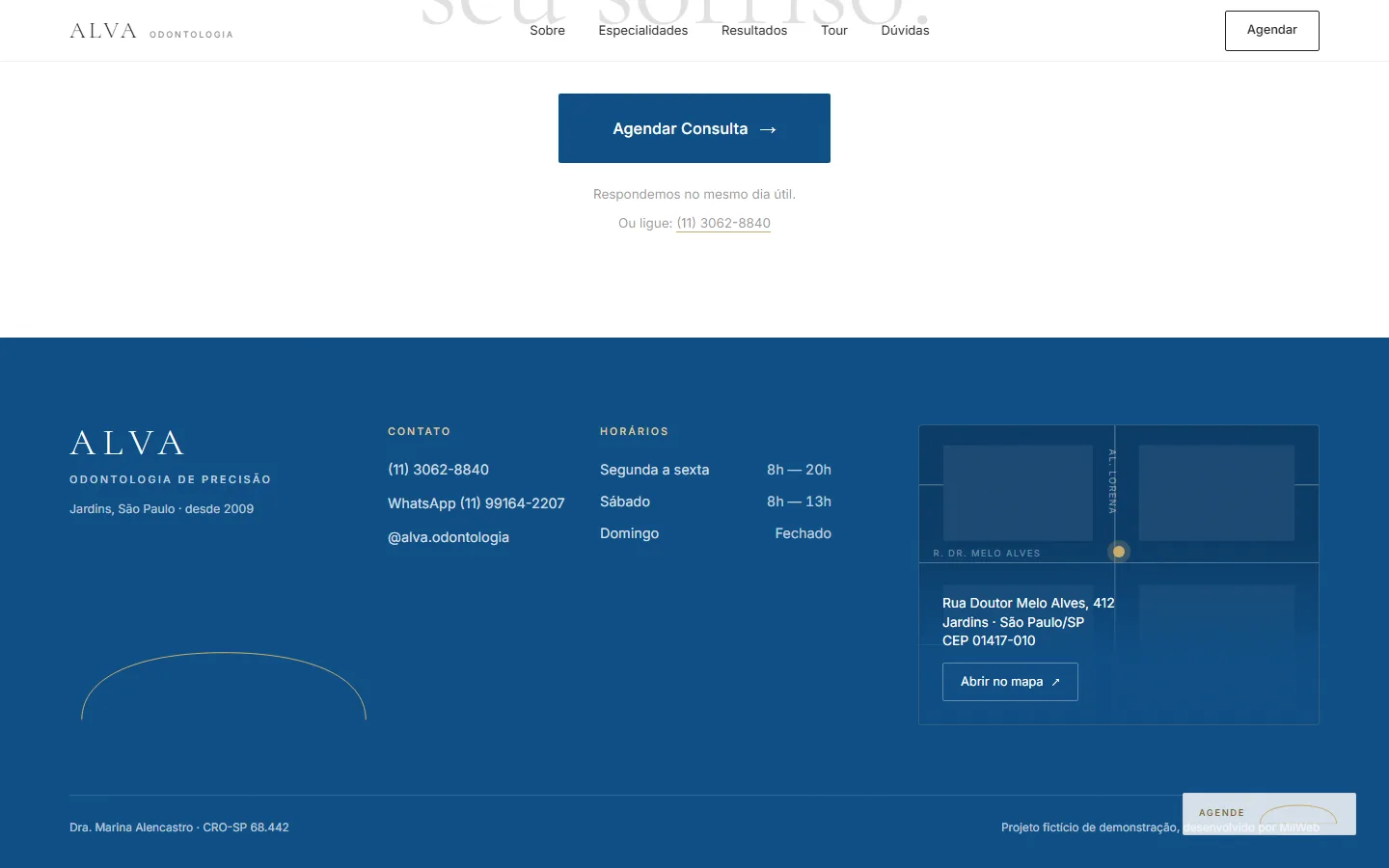 Rodapé com o wordmark ALVA e o arco dourado da identidade