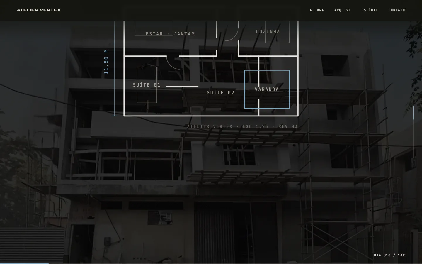 Planta do pavimento tipo se desenhando sobre o vídeo escurecido