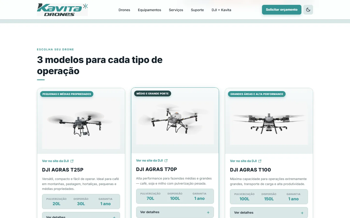 Comparativo dos 3 modelos DJI Agras (T25P, T70P, T100)