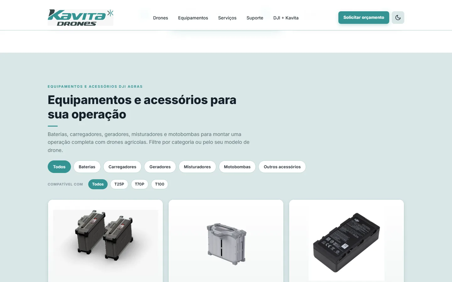 Catálogo de equipamentos com filtros por categoria e compatibilidade