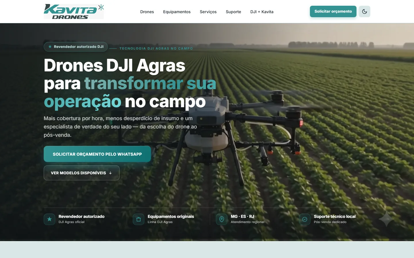 Hero da Kavita Drones com CTA de orçamento pelo WhatsApp