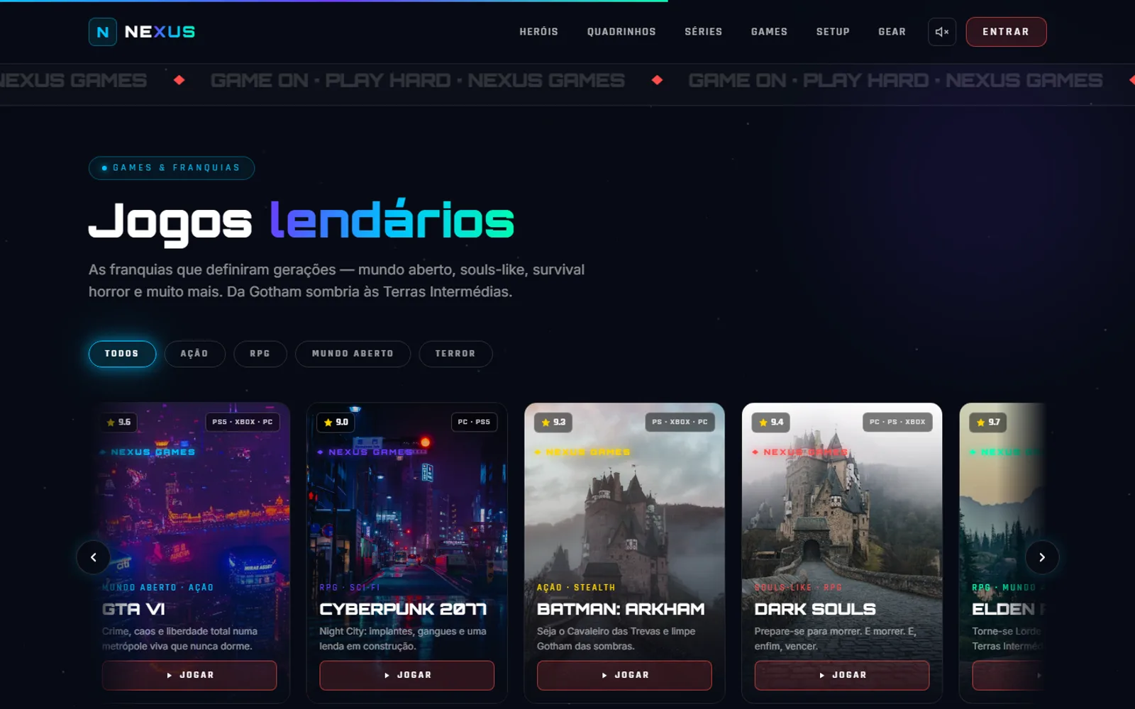 Seção de games com filtro por categoria