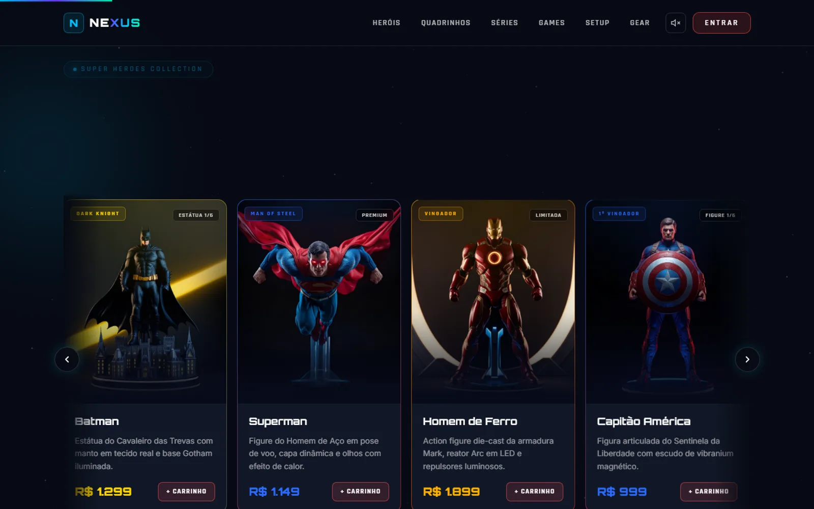 Coleção de heróis com cards tilt 3D