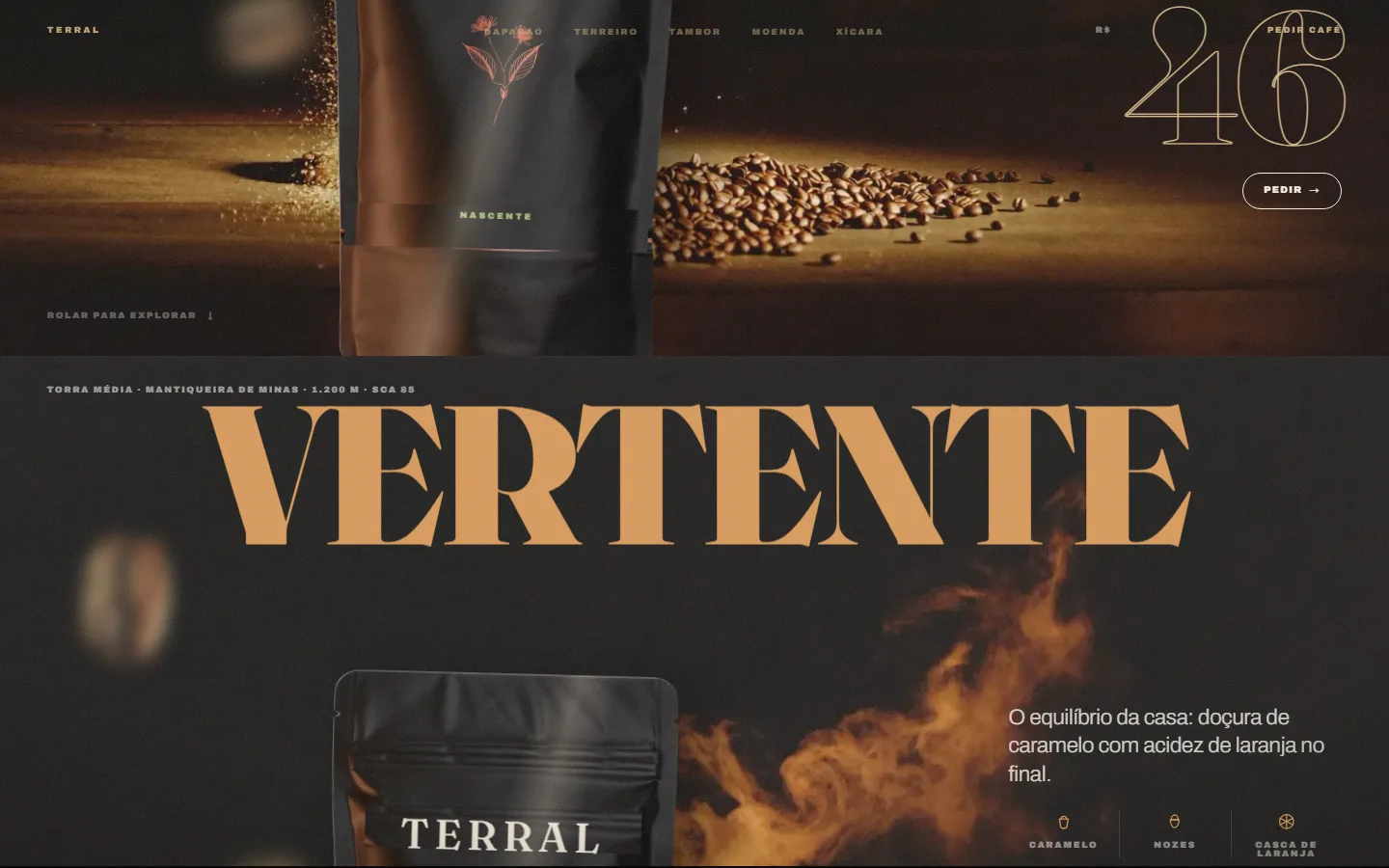 Vitrine dos blends: VERTENTE em tipografia gigante com pacote, fogo e notas sensoriais